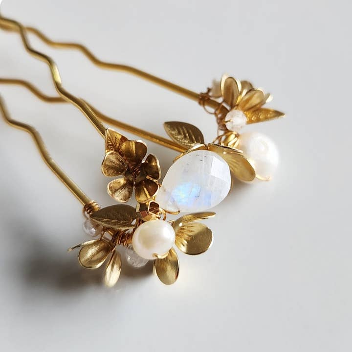 Flower Cluster Hairpins with Moonstone, Pearls and Brass for wholesale by Sara Sela Jewelry