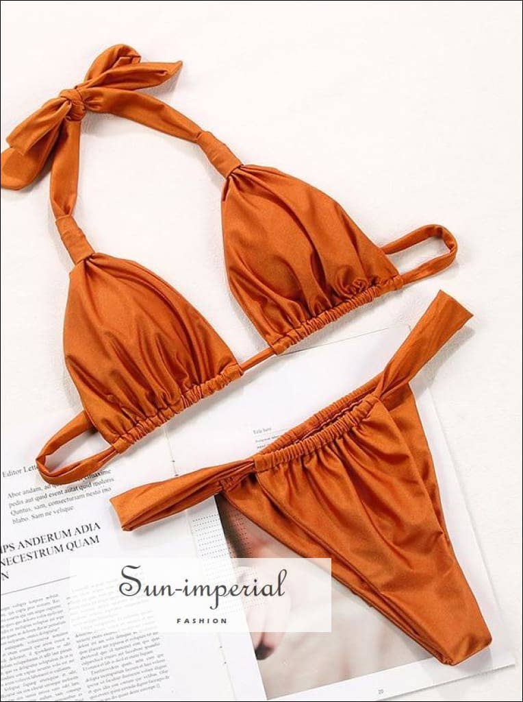 Sun Imperial – wholesale Tvådelad baddräkt - Dam – Enfärgad brun rynkad sport BH Bikini Set2