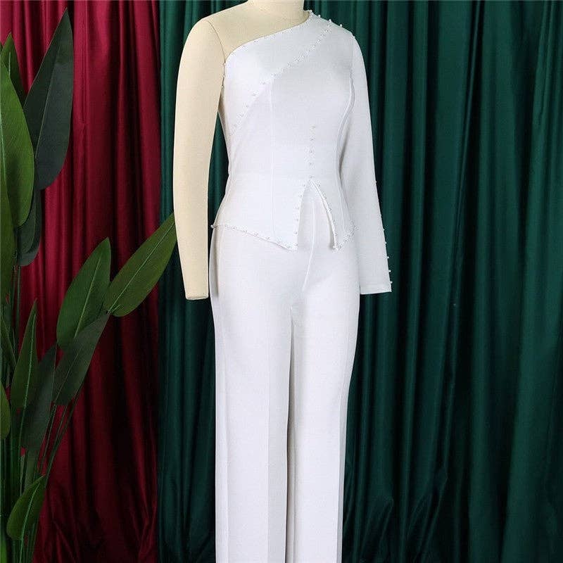 Plush Looks – Engroshandel Top- og buksesæt (IKKE Loungewear) - Dame – Ensfarvet skrå skulderperlebukser OL-sæt4