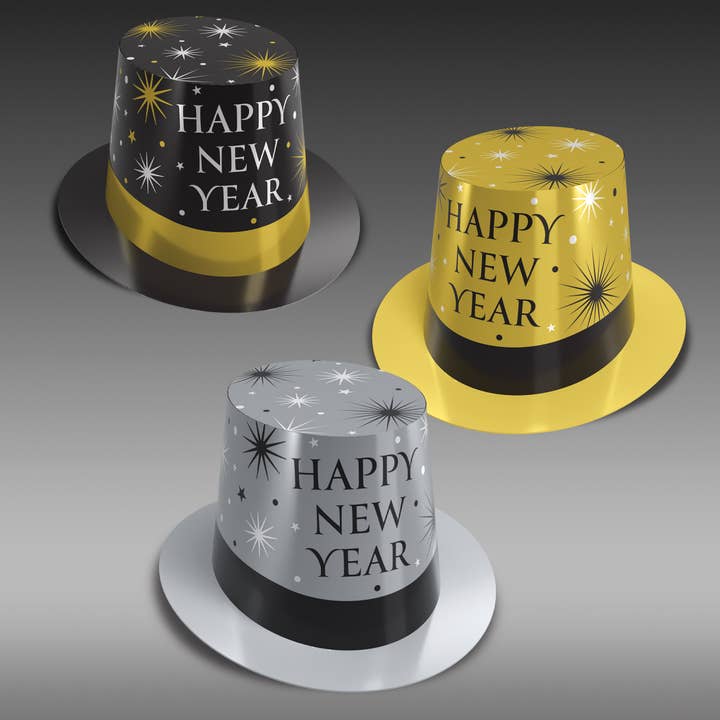 Black, Silver, & Gold Assorted New Year Hi-Hats, Pack of 25 for wholesale by Beistle