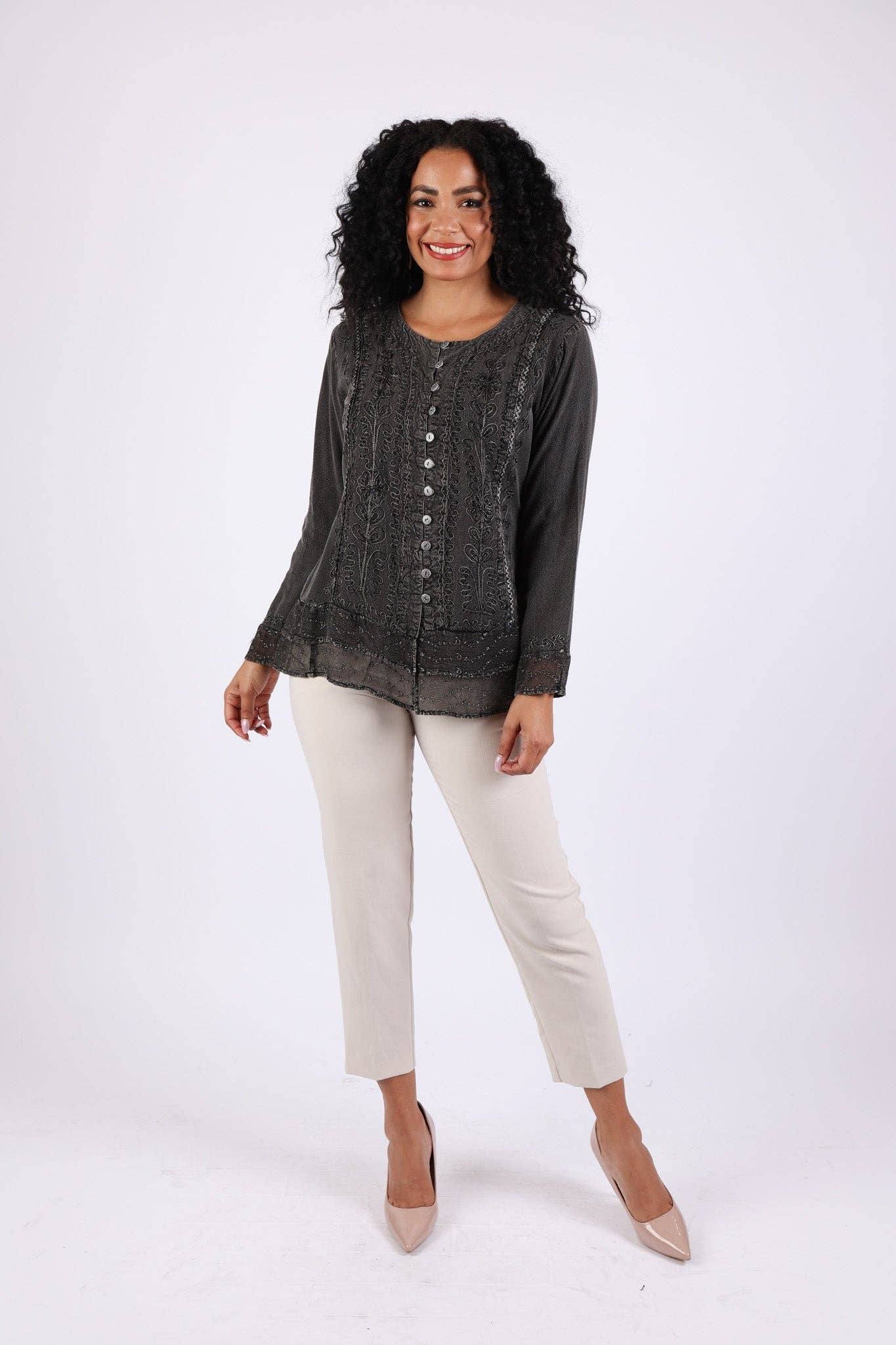 Sacred Threads - Wholesale Button Down Shirt - Women's - Vintage Fall Boho Stonewashed Top: Embroidered Shirt8