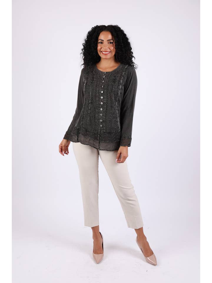 Sacred Threads - Wholesale Button Down Shirt - Women's - Vintage Fall Boho Stonewashed Top: Embroidered Shirt8