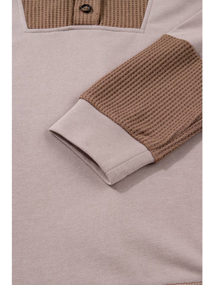 Brown Waffle Contrast Patchwork Plus Size Pocketed Hoodie (S-4X) for wholesale on Faire8