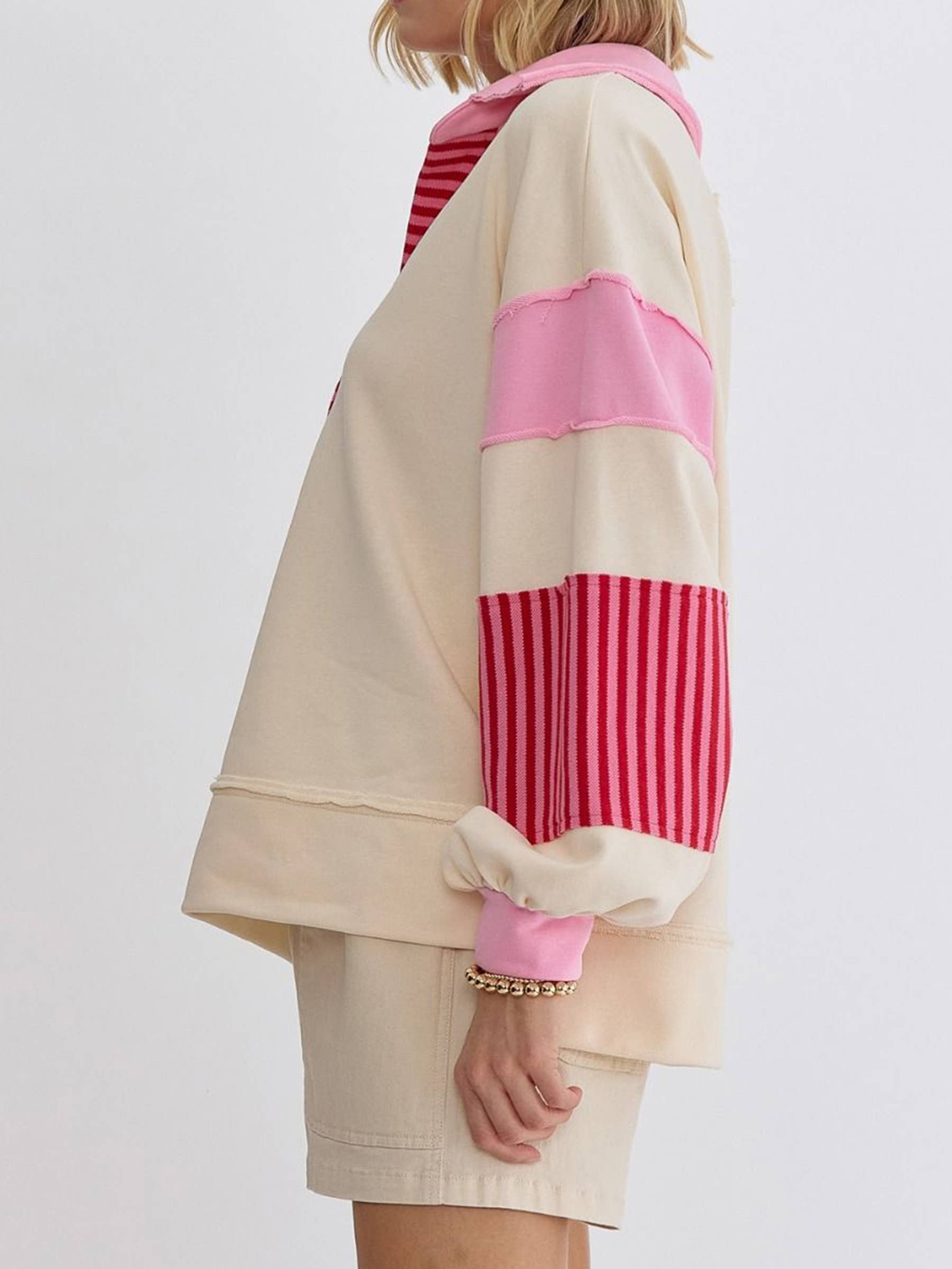 Wholesalesir - Wholesale Sweatshirt - Women's - Polo Collar Striped Contrasting Patchwork Top0