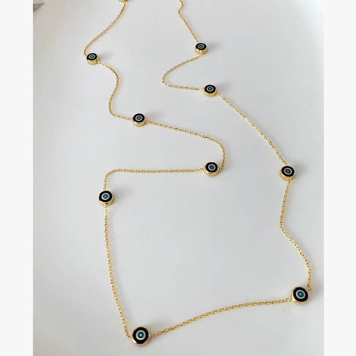 Delilah Evil Eye Station Halsband - 24" Lång | Marinblå | Guld Vermeil för wholesale av Ke Bella Jewelry