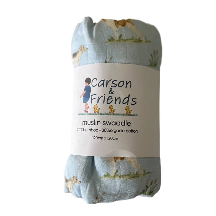 Carson and Friends Organic Muslin Cotton/Bamboo Swaddle- Hunting Dogs for wholesale by Carson & Friends