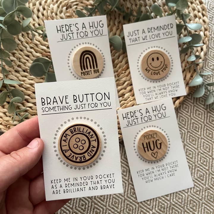 Handmade by Hammero - Wholesale Keepsake Coin/Token - Pocket Hug, Brave Button, and Smile - Wood Engraved Token
