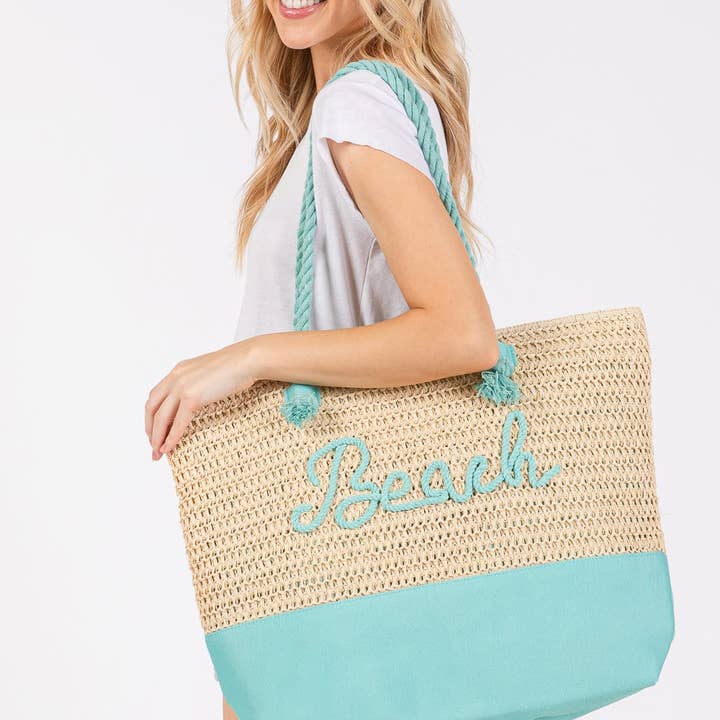 MiMi Wholesale - Wholesale Beach Bag - MB0266 Sewn Rope Beach Letter Color Straw Tote Bag