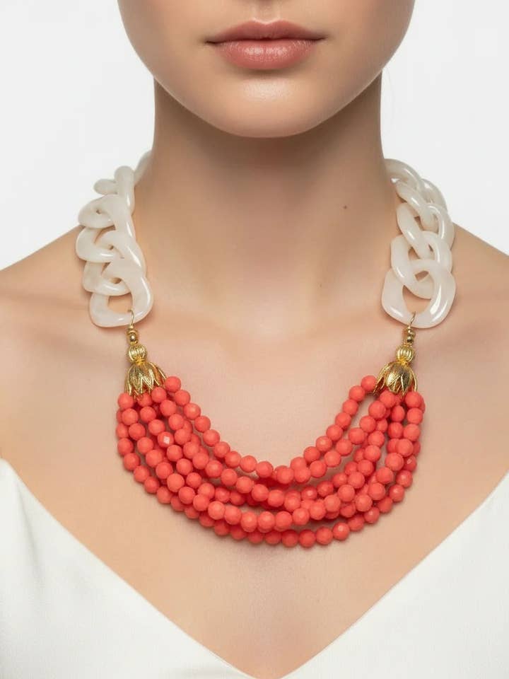 Pink Beaded Necklace with Chunky Arcylic Chain for wholesale by Designed By Risha