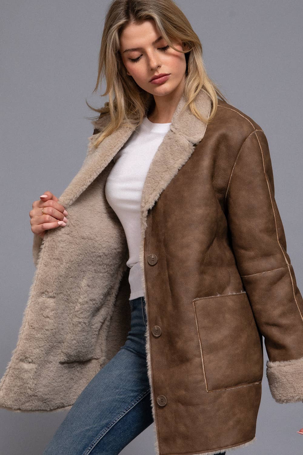 Active Basic | Active USA - Wholesale Leather Jacket - Women's - Lapel Collar Button Down Double Sided Faux Leather Coat14
