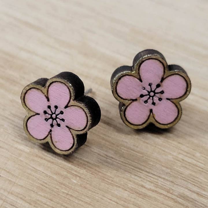 Wood Cherry Blossom Stud Earrings for wholesale by Morgan's Corner