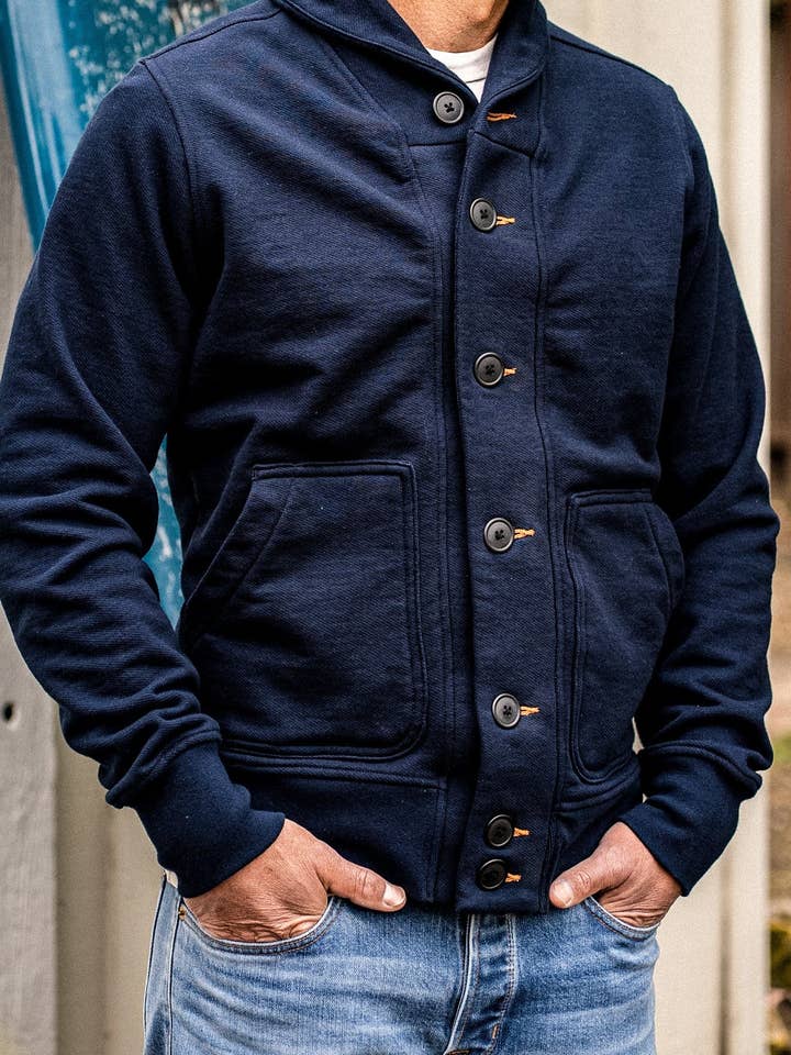 Men's Bodega Shawl Cardigan | 14oz 100% Cotton French Terry - Navy for wholesale on Faire