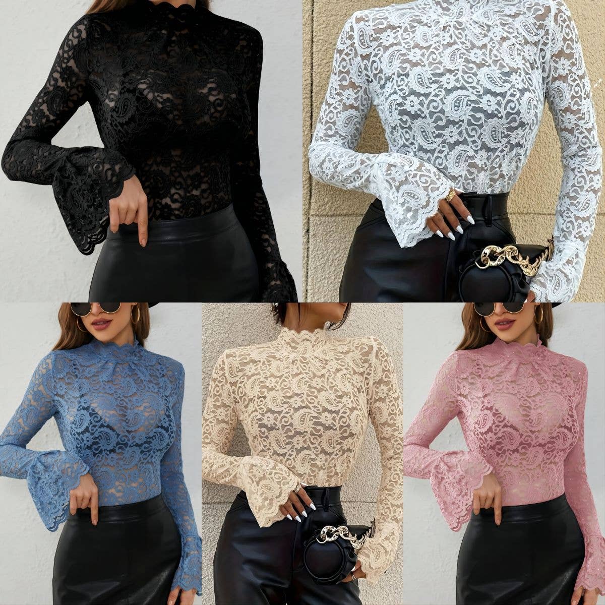 EmberLoom - Wholesale Blouse - Women's - Women Paisley Lace Fitted Flare Sleeve Sexy Blouse8