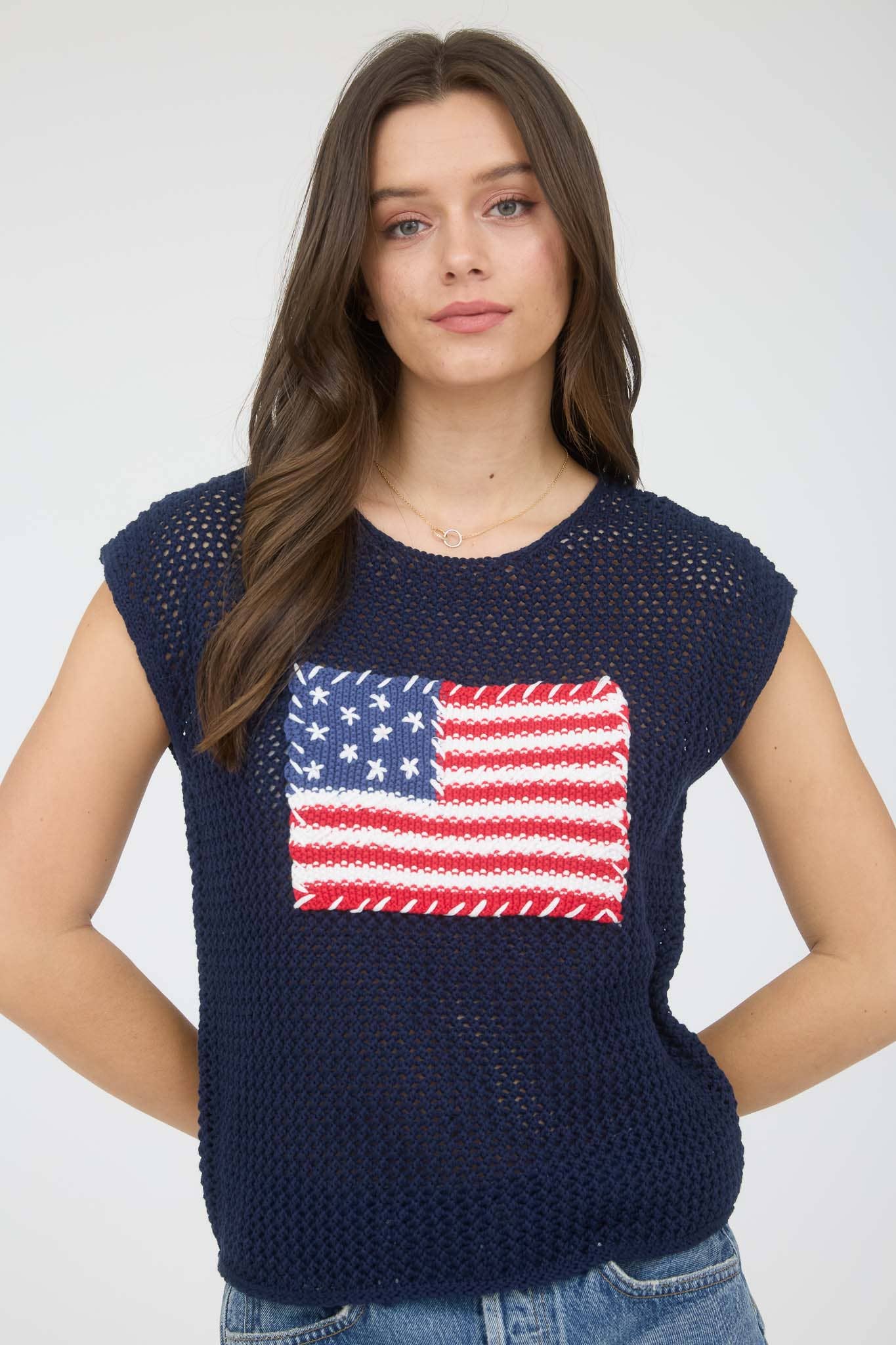 Blu Pepper - Wholesale Knit Sweater - Women's - AMERICAN FLAG CROCHET KNIT SWEATER TOP17