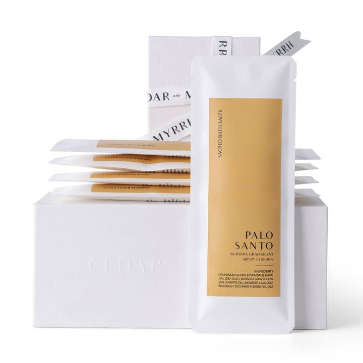 Palo Santo Bath Salt Gift Set – Epsom & Mediterranean Sea Salt Blend (40g x 5 Pouches) for wholesale by Cedar and Myrrh