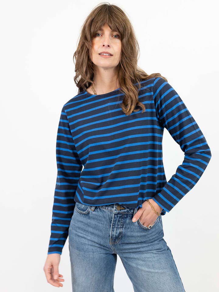Sadie Ekologisk Bomull Sky/Navy Breton T-shirt för wholesale av Ivy T