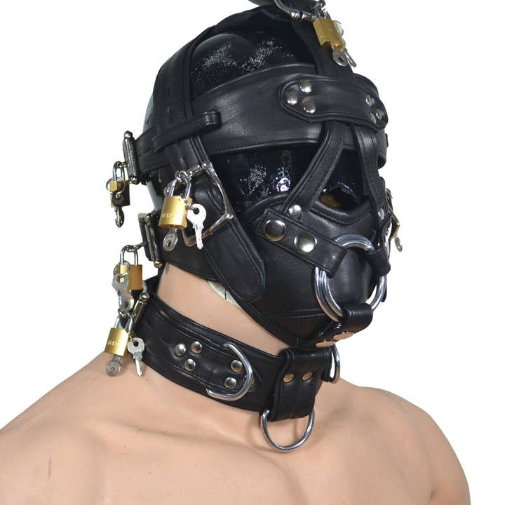 Meninleather - Wholesale Costume - Unisex - Leather Gear Face Hood Fetish Bondage Muzzle Gag Dildo Rings Locking Buckles