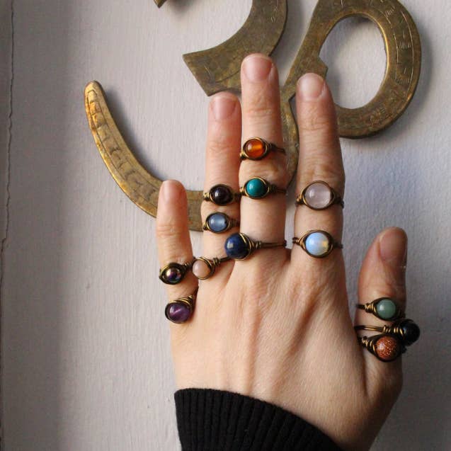 Gratefully Dreaming - Wholesale Cocktail/Statement Ring - Antique Brass Wire Wrapped Gemstone Rings0