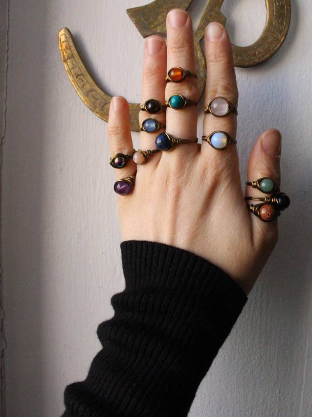 Antique Brass Wire Wrapped Gemstone Rings for wholesale by Gratefully Dreaming