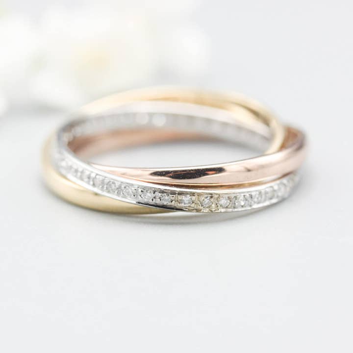 Trio Rolling Ring 18k Gold, White & Rose Gold with Diamonds for wholesale by Metal Studio Jewelry