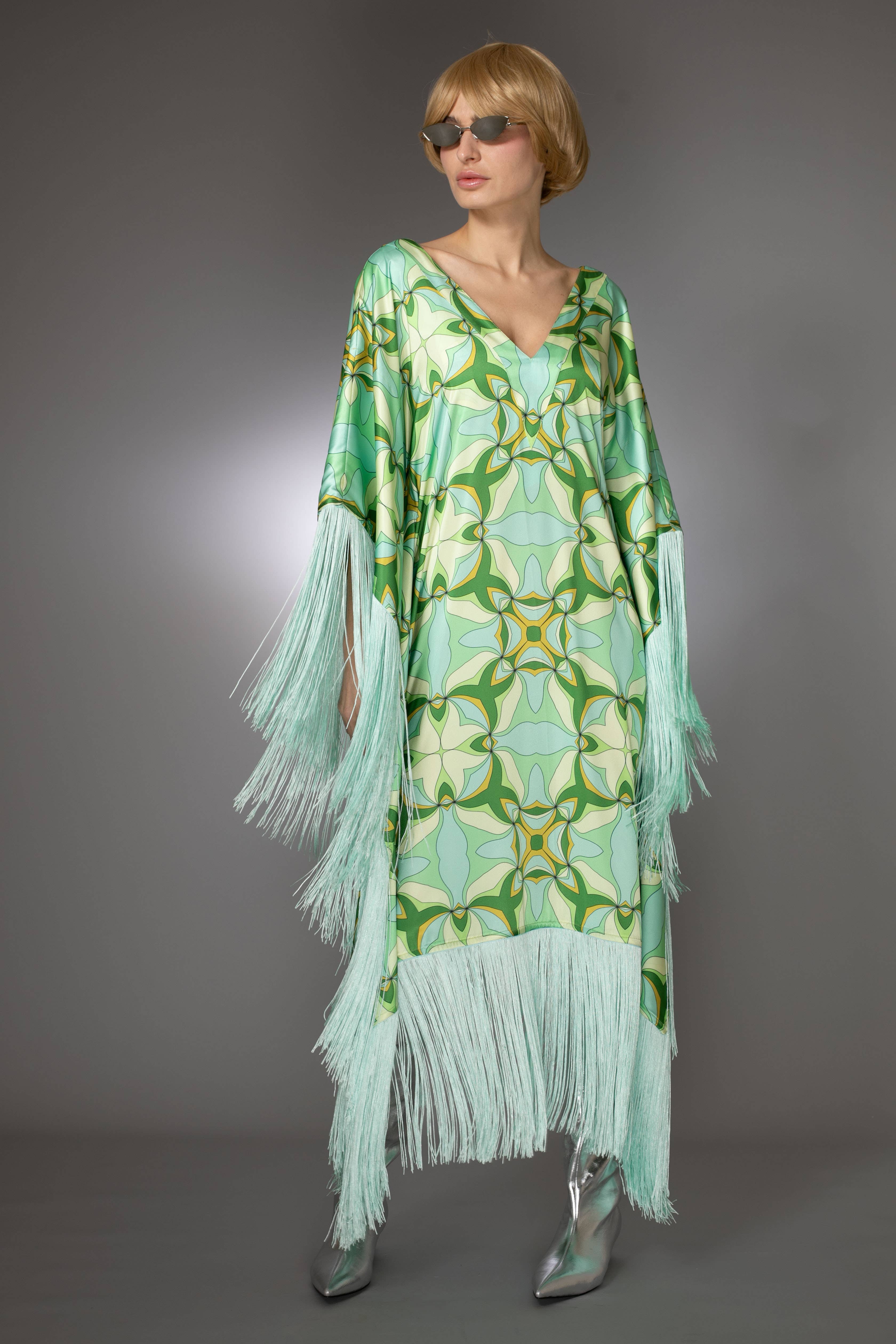 Nuvula - Wholesale Kaftan - Women's - Mint Green Fringed Satin Long Kaftan Dress 5