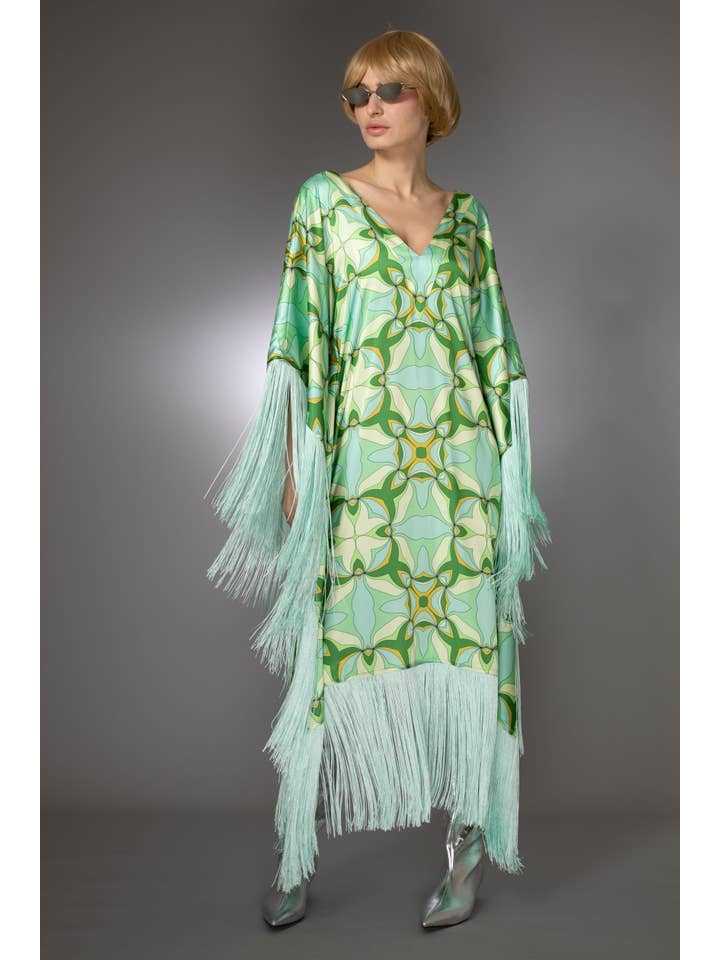 Nuvula - Wholesale Kaftan - Women's - Mint Green Fringed Satin Long Kaftan Dress 5