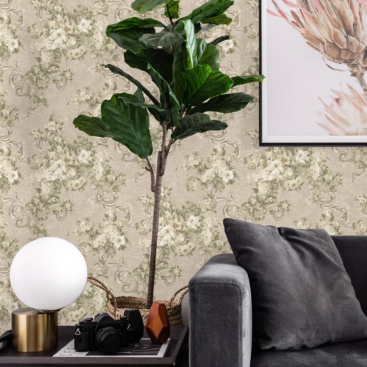 Botanical Flowered Embossed Wallpaper, Home Wall Decor, Aesthetic Wallpaper, Textured Wallcovering Non-Adhesive- 41.7”W X 393”H for wholesale by Walloro Luxury Embossed Wallpaper