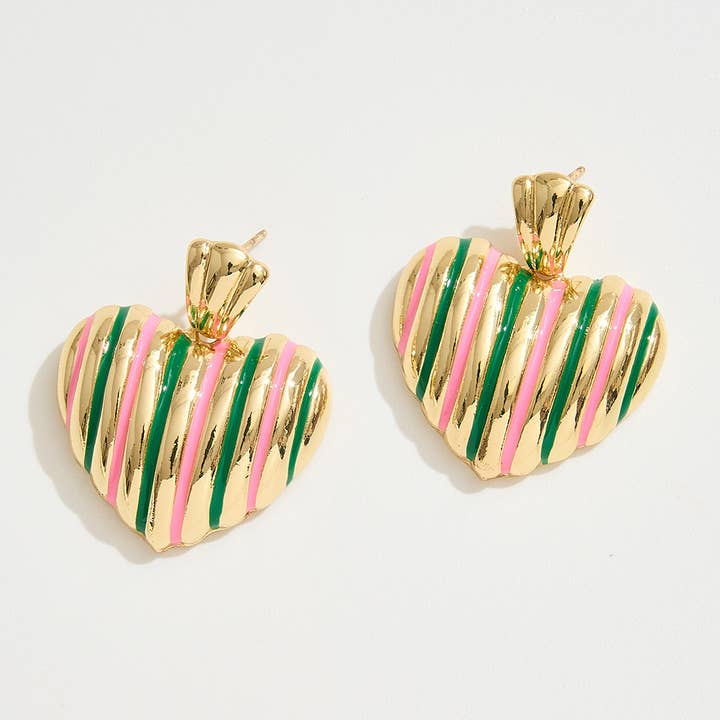 Sensibling Corp. - Wholesale Dangle Earrings - 14K Gold Dipped Enamel Striped Heart Dangle Earrings