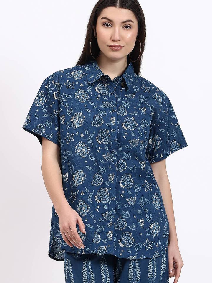 Hi Handmade - Wholesale Buttoned-down shirt – Women's - Coord Shirt Pant Set - Blue1