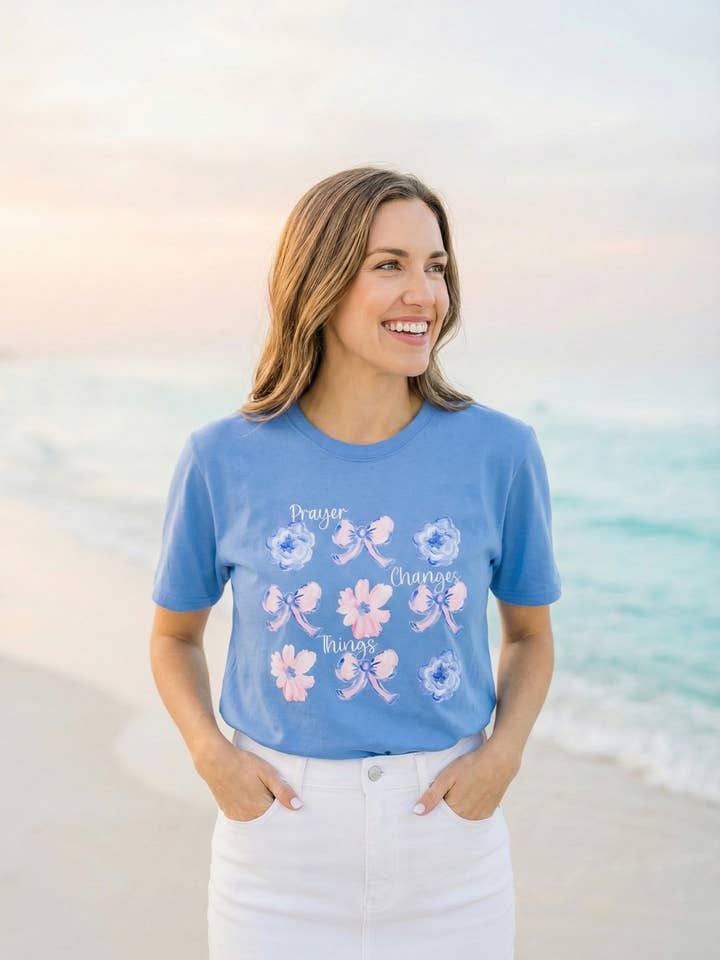 Prayer Changes Things Floral T-Shirt — Blue & Pink Ribbon Comfort Tee for wholesale by Pearly Peach