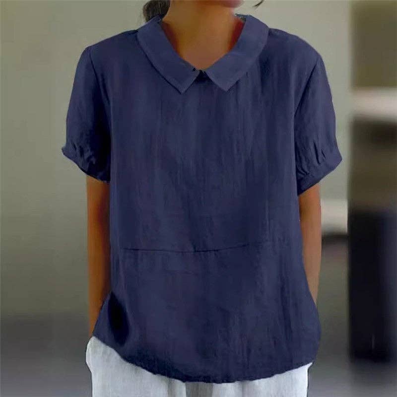FurDecoration - Wholesale Blouse - Women's - Loose Fit Solid Color Wide Lapel Short Sleeve Shirt1