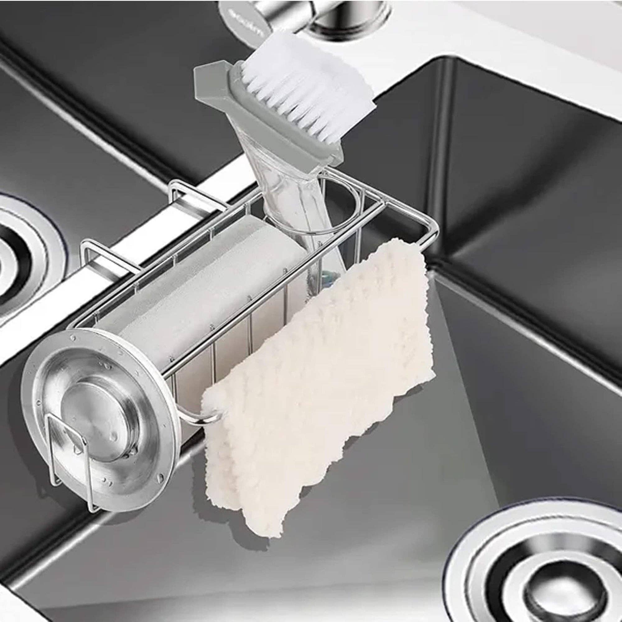 Vigor Path - Vente Tapis à vaisselle - Porte-éponge pour évier de cuisine 4 en 1 avec porte-brosse, support pour torchon et support de bouchon d'évier - Acier inoxydable 304 (argent)5