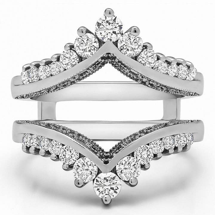 TwoBirch - Wholesale Wedding Band/Ring - Sterling Silver Chevron Ring Guard with Cubic Zirconia