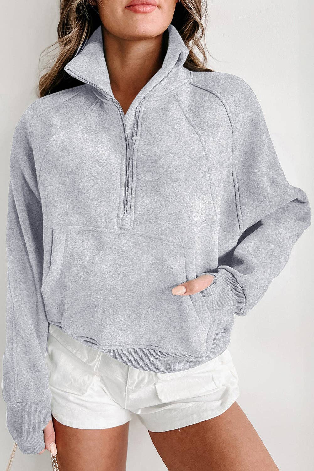 Lovesoft - Wholesale Sweatshirt - Women's - Solid Color Quarter Zip Stand Neck Kangaroo Pocket Sweatshirt23