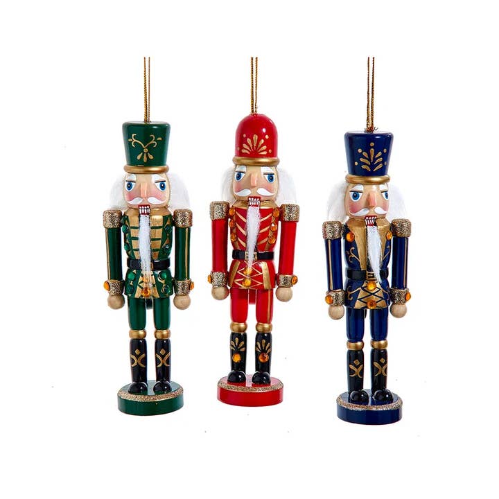 6" Wooden Soldier Nutcracker Ornament 3 Assorted for wholesale by Kurt S. Adler, Inc.