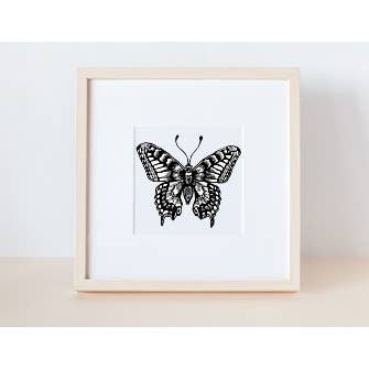 Butterfly Linocut Print, 4 by 4 in for wholesale by Hannah Guthrie Designs