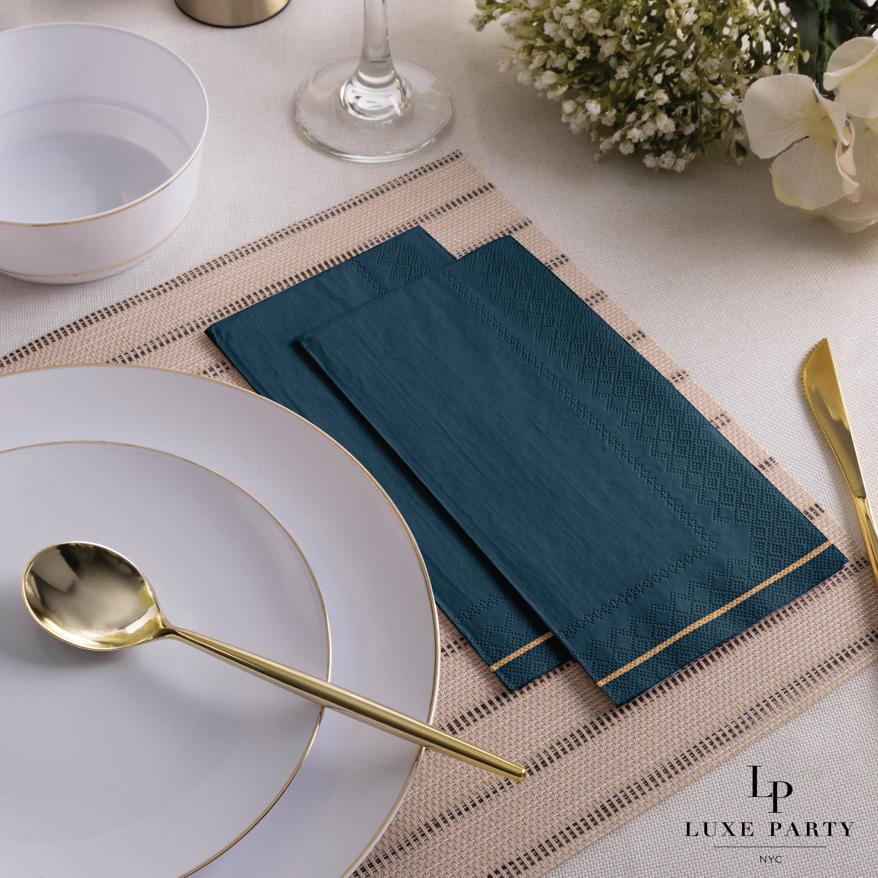 Luxe Party - Wholesale Disposable Napkin - Teal with Gold Stripe Guest Paper Napkins | 16 Napkins0