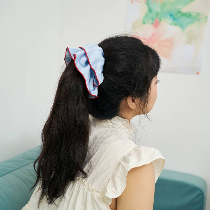 "Maxi Flower" Double-Layer Oversized Silk Scrunchie - Pastel Blue for wholesale on Faire