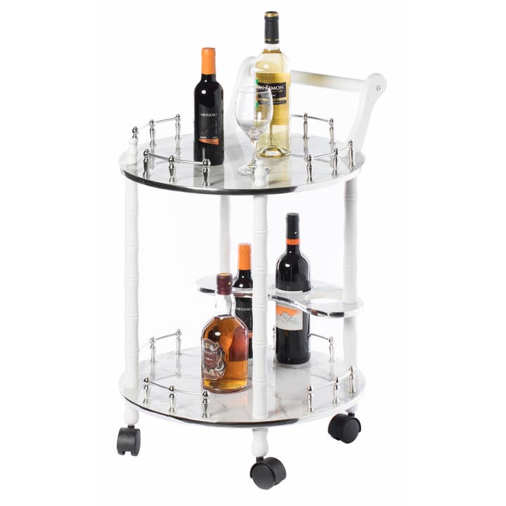Quickway Imports - Wholesale Bar Cart - Round Wood Serving Bar Cart Tea Trolley with 2 Tier Shelves
