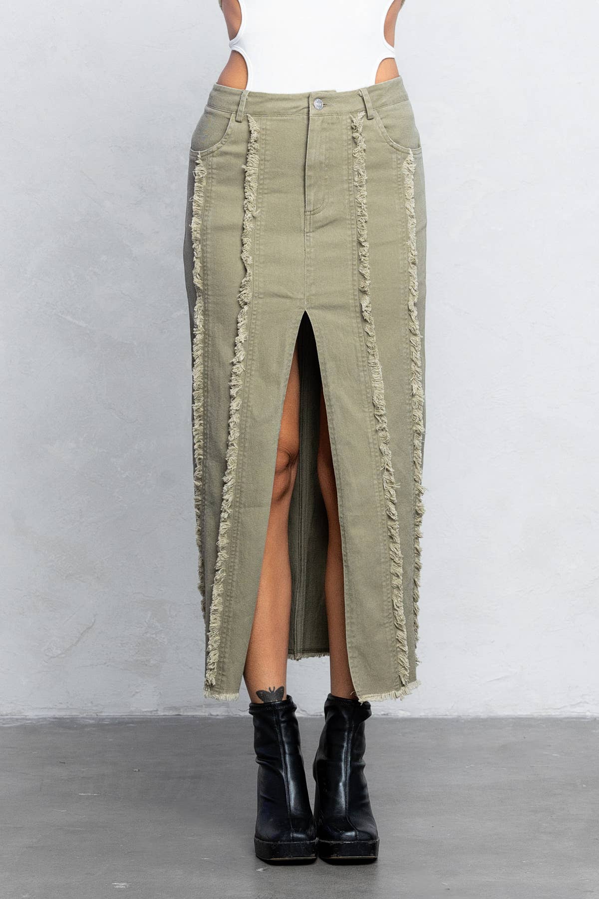 Olive Frayed midi skirt w/ center slit for wholesale on Faire