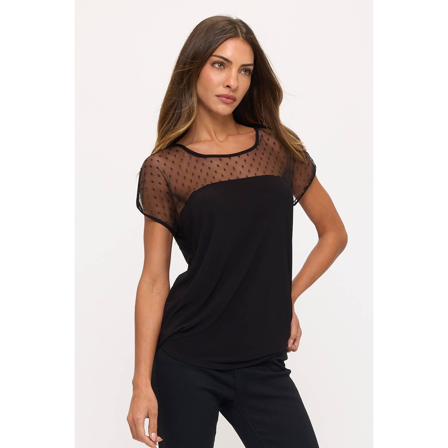 Black DOT ILLUSION CONTRAST SHEER MESH DOLMAN for wholesale on Faire1