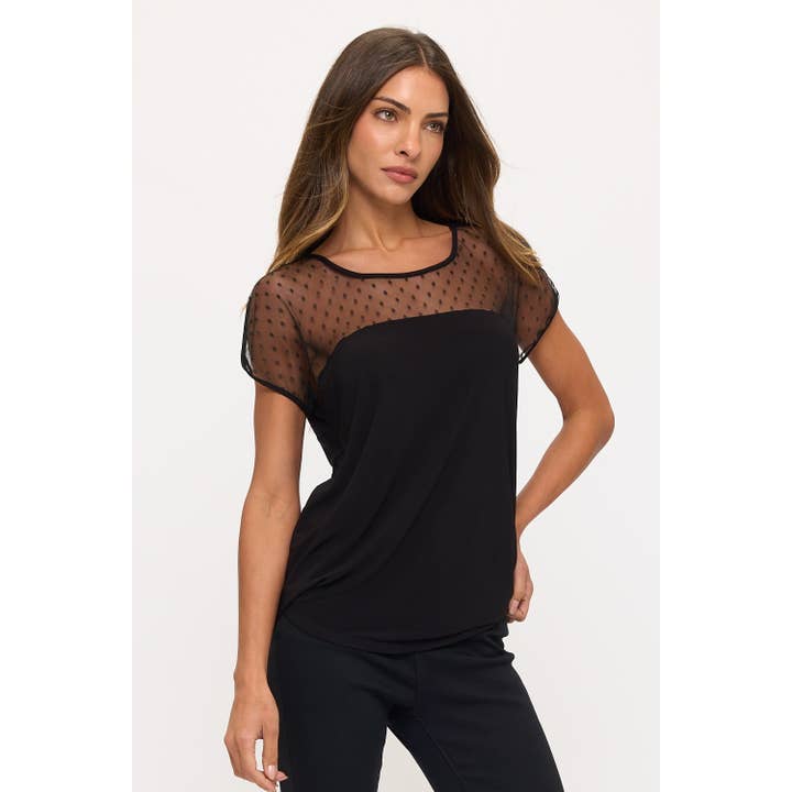 Negro DOLMAN DE MALLA TRANSPARENTE CON CONTRASTE DE ILUSIÓN DE PUNTOS de venta al por mayor en Faire1