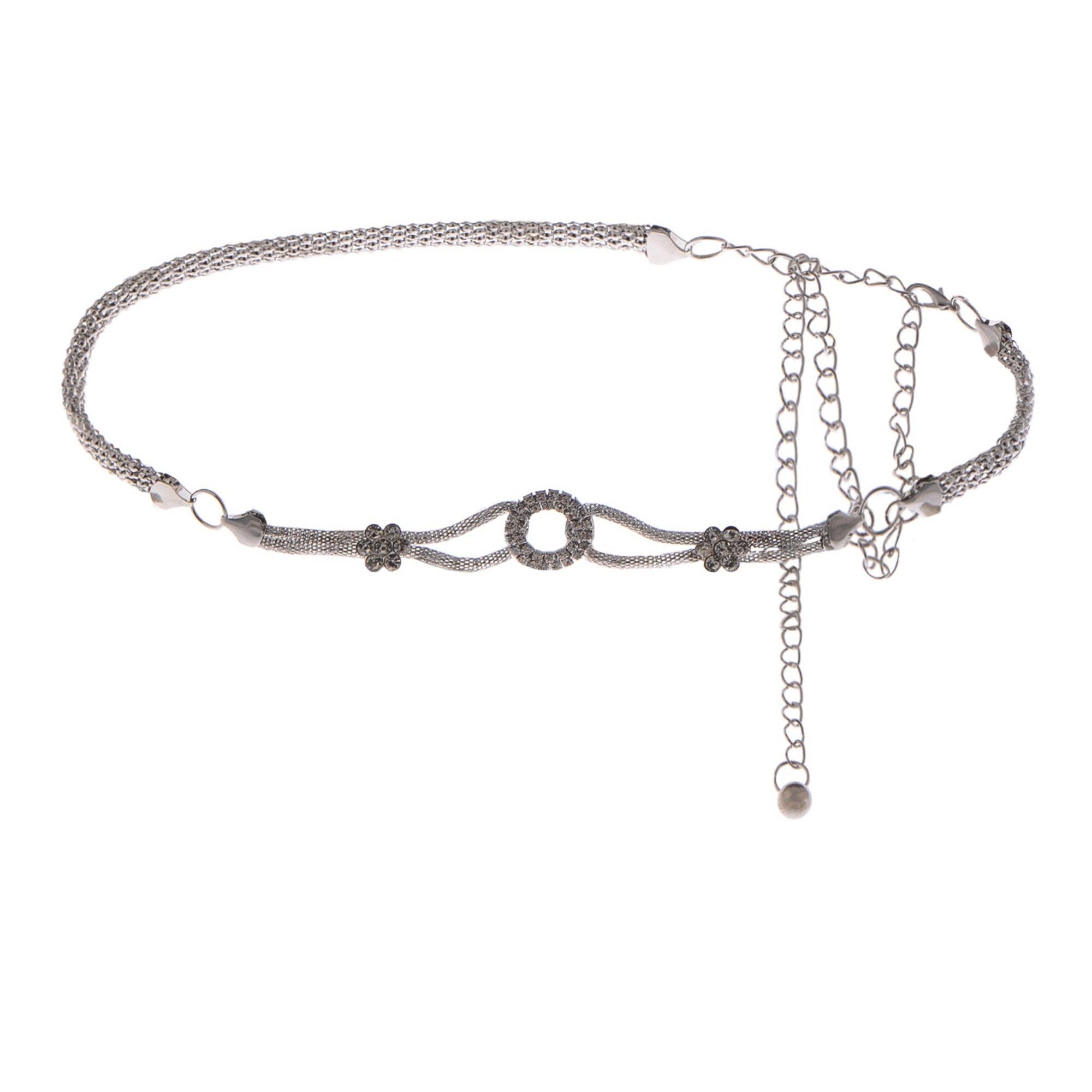 Silver Crystal Circle and Floral Accent Waist Chain Adjustable Bell for wholesale on Faire0