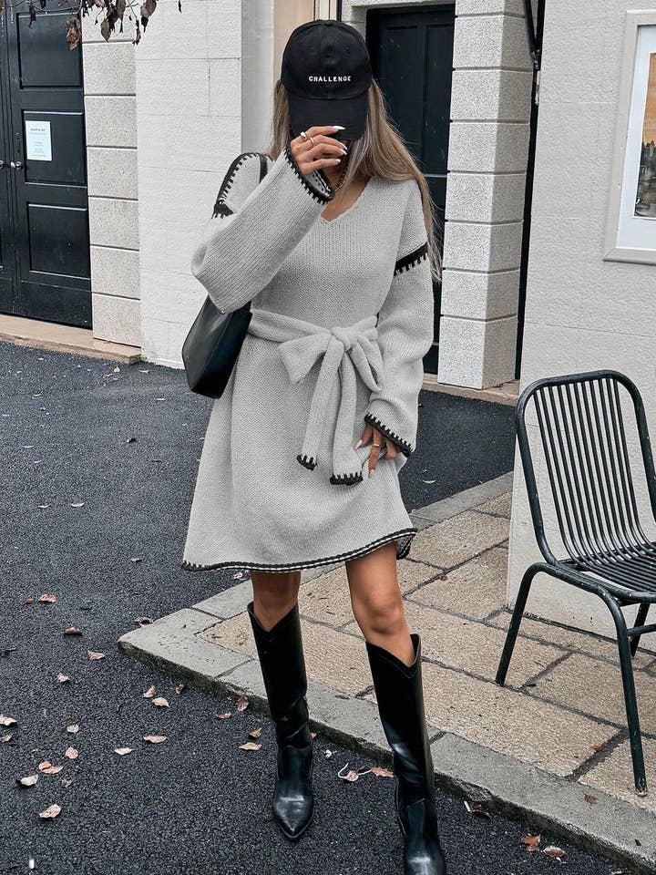 Casual Lace-Up Waist Loose Knit V-Neck Dress for wholesale by HIDDENBRAND