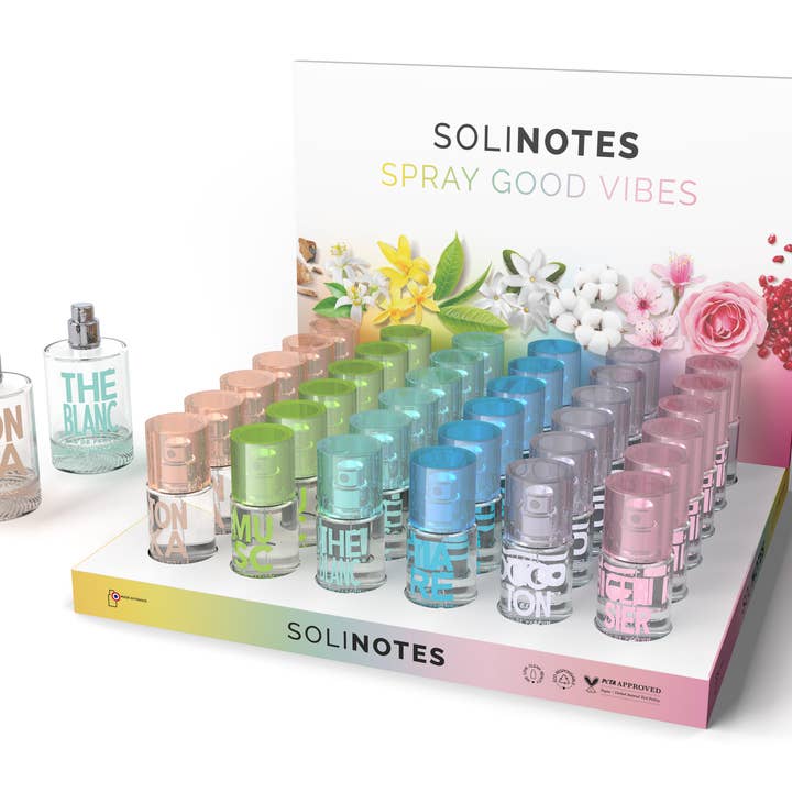 Solinotes (US Stores) - Distributed by Scents of Europe - Wholesale Retailer Display - Beauty & Wellness - Cardboard Display for the Mini Perfumes - W/ PRODUCTS2