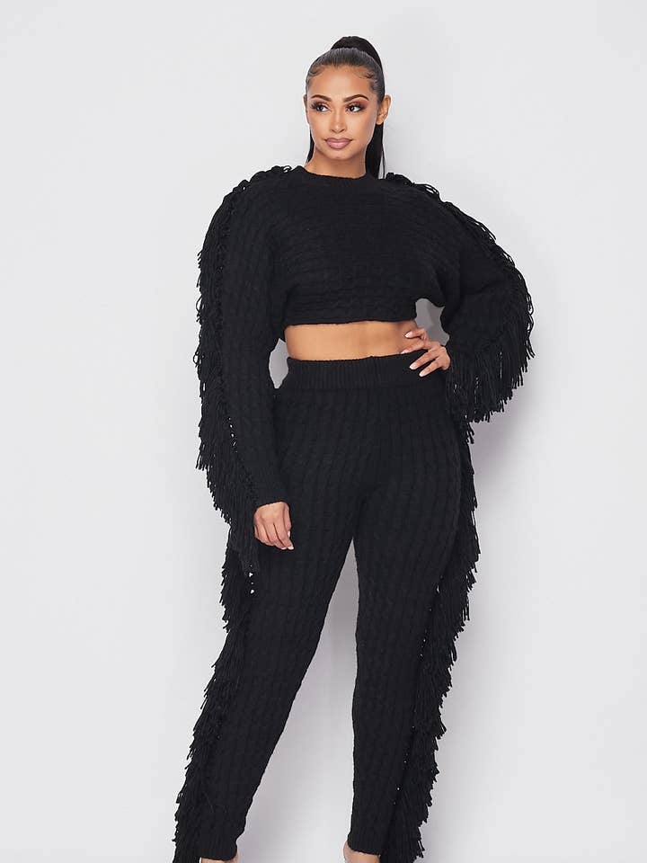 Fringe Detail Knit Top and Pants Sets for wholesale by Boswell