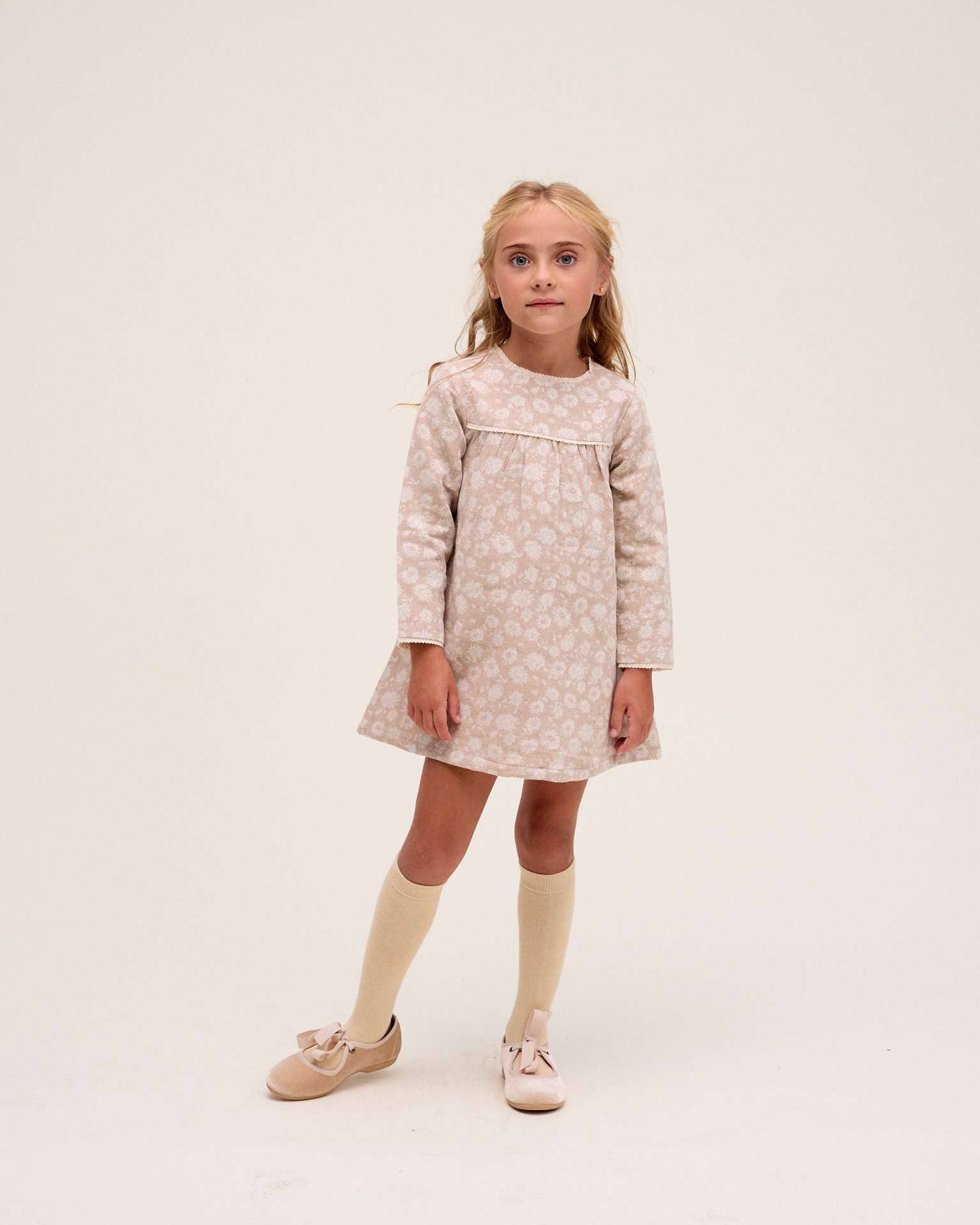 Natural Girl's dress in beige with floral print for wholesale on Faire