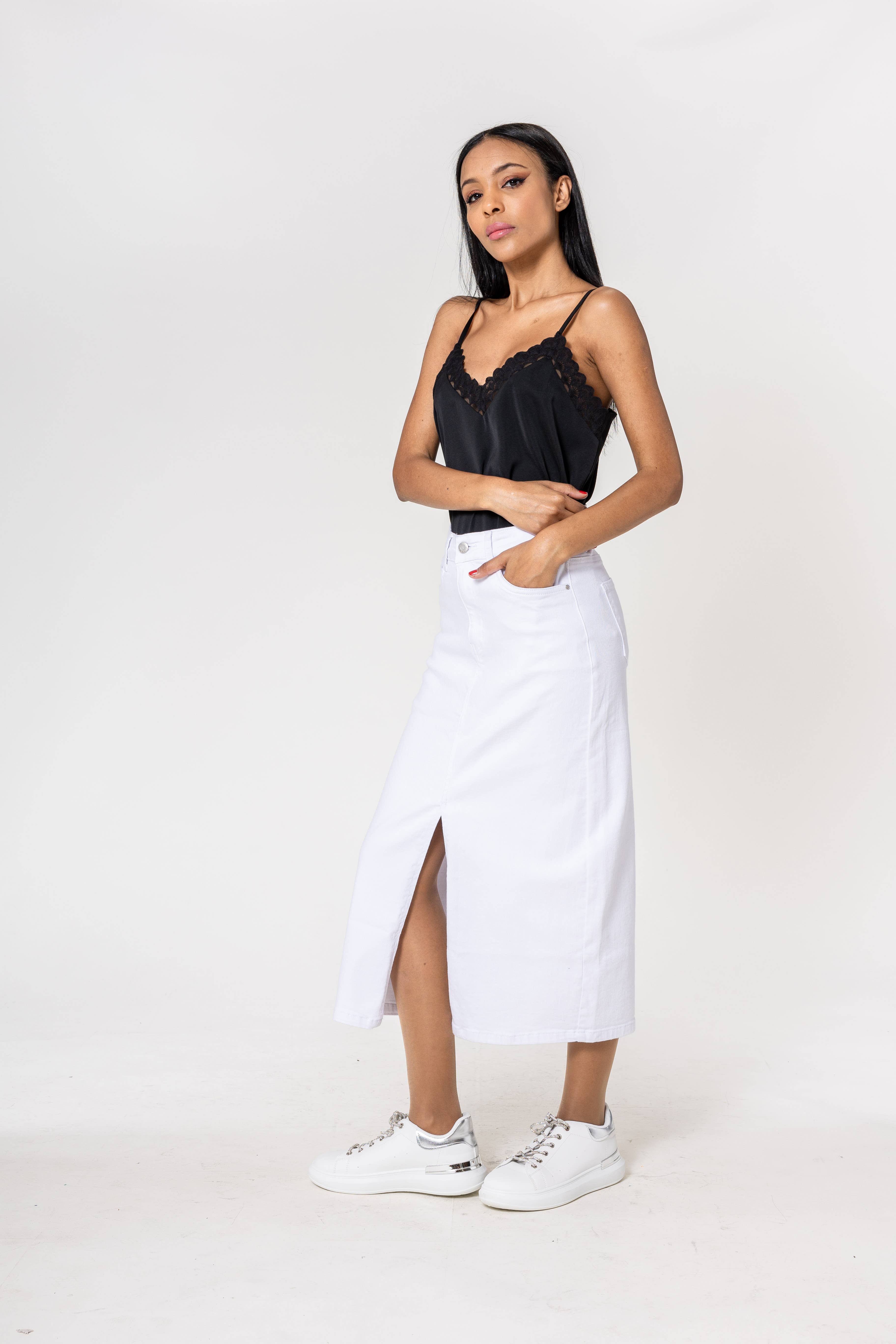 Nina Carter - Vendita all'ingrosso Gonna - Donna - Gonna lunga di denim Nina Carter con spacco frontale P21519