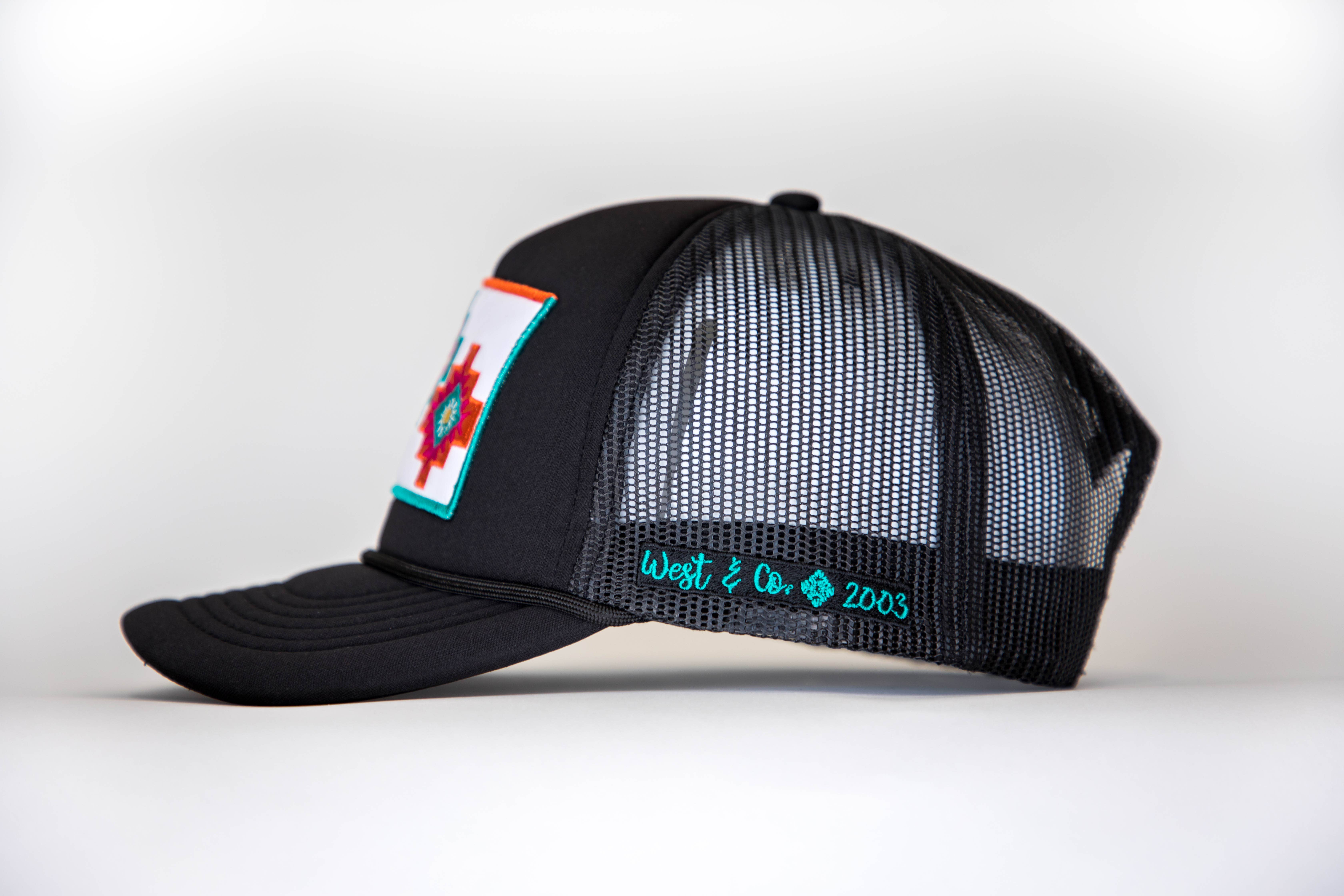 West & Co. - Wholesale Trucker Hat - Women's - Black Trucker Cap with 3 Aztec Symbol Embroidered Patch3
