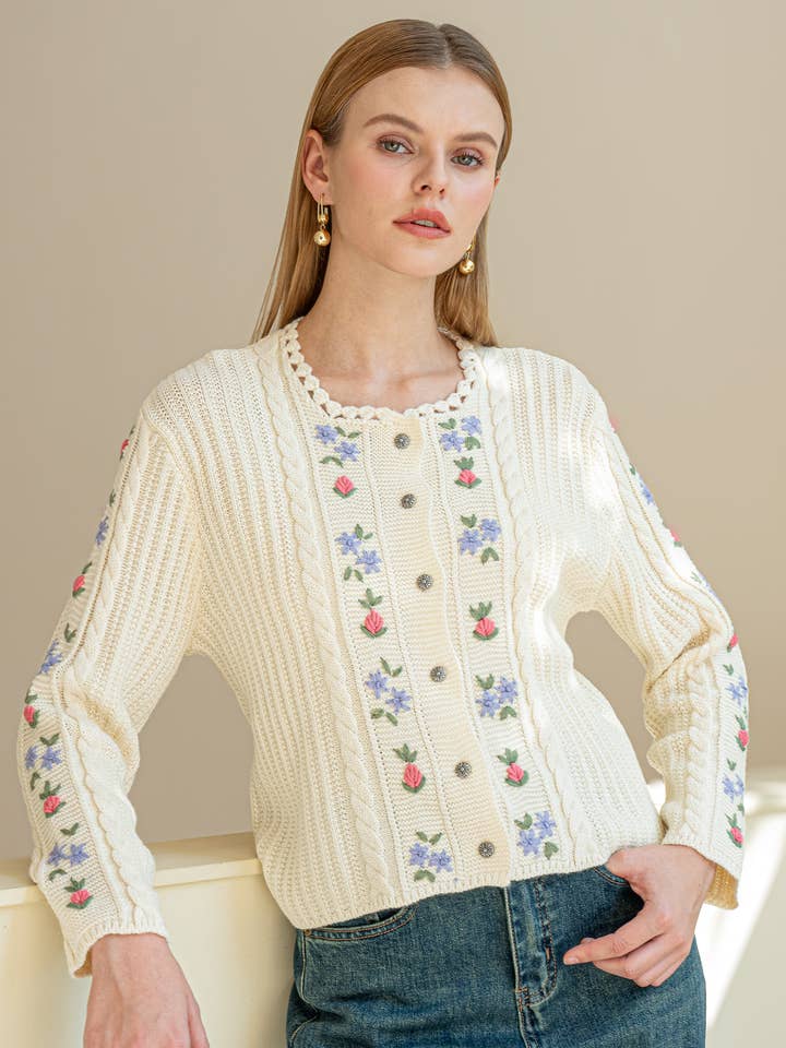 RP2460 - 100% Wool Vintage Floral Embroidered Cardigan for wholesale by ROSIE POSIE